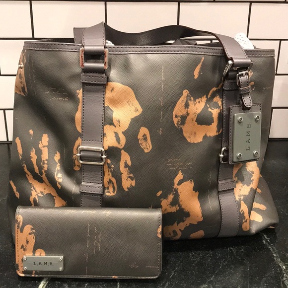L.A.M.B. Handbags - L.A.M.B. Tote & Wallet SET Handprint Brown & Gold
